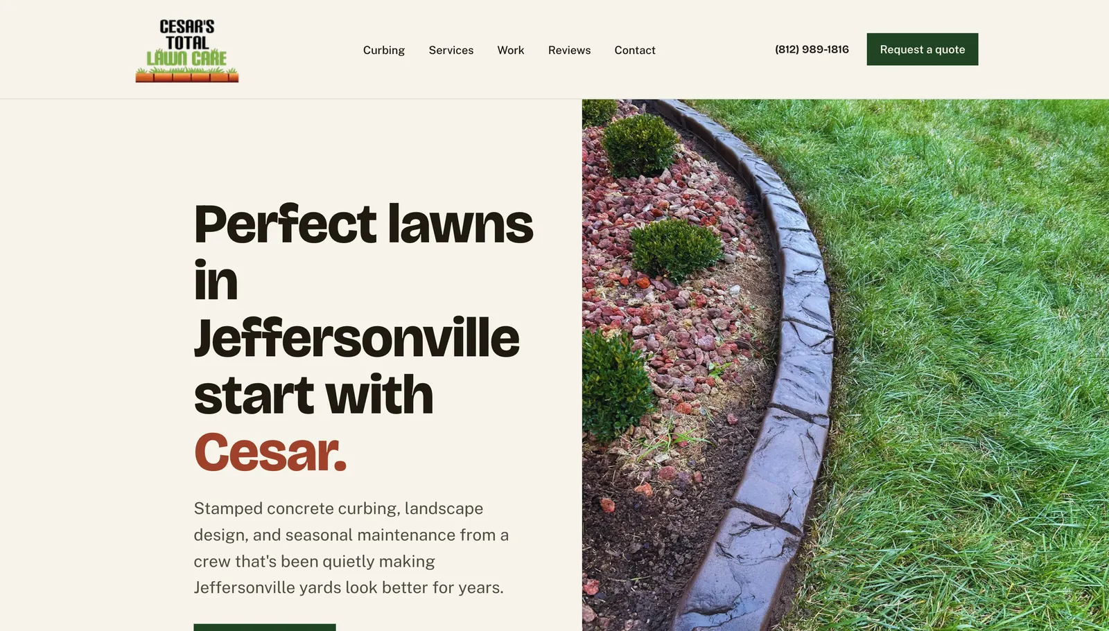 The Cesar's Total Lawncare homepage, designed and built by Sun & Stone.